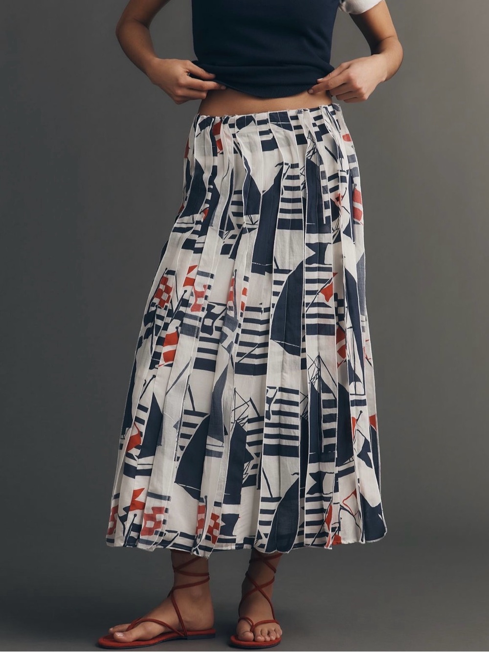 Mauve Graphic Nautical Midi Skirt Petite XS - Navy, White, and Red